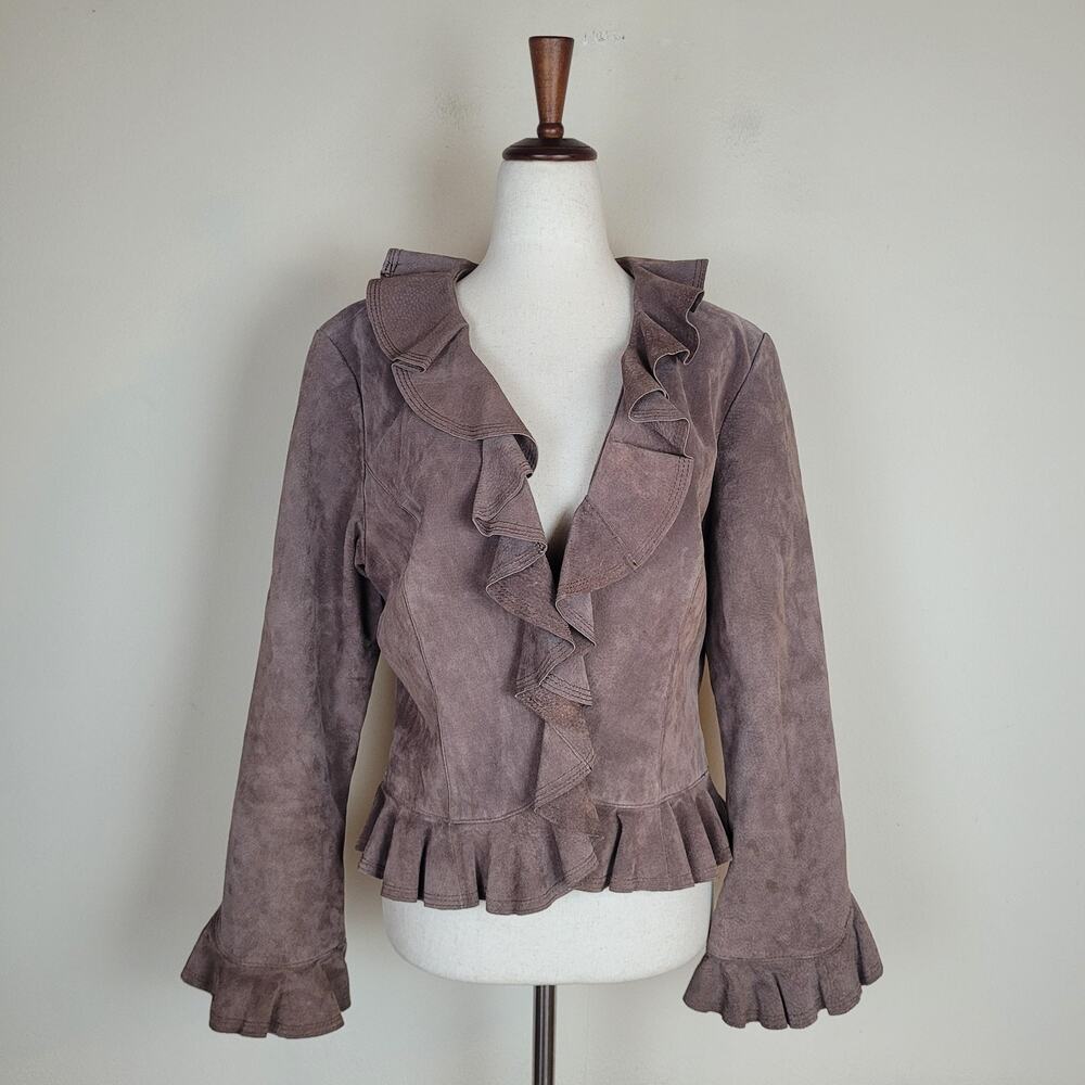 Vintage Brown Suede Jacket Medium Ruffle Y2K Boho Western Fairy Cottage Witchy